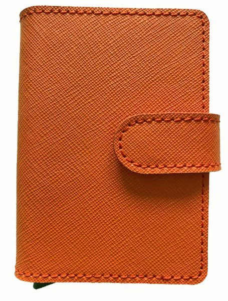 moderner, kompakter Kreditkartenhalter, mit Extraktionshebel, aus orangem Leder